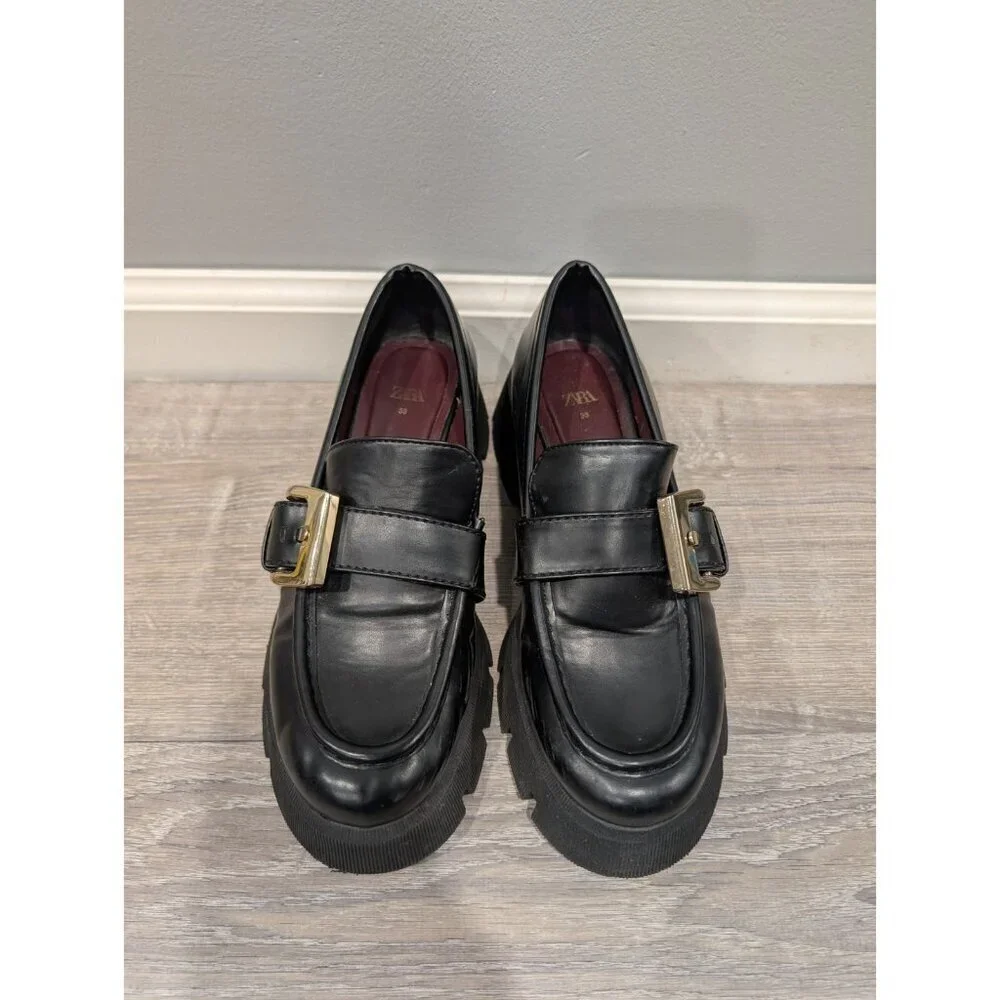 Zara Women's Back Loafers Chunky Platform Metal Buckle Shoes Y2K Slip-ons Sz 38